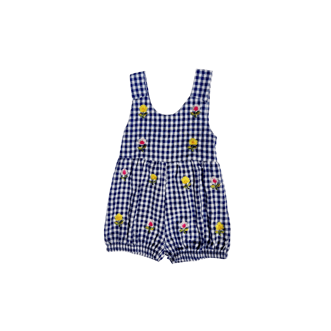 Jackie Romper Embroidery in Navy Gingham