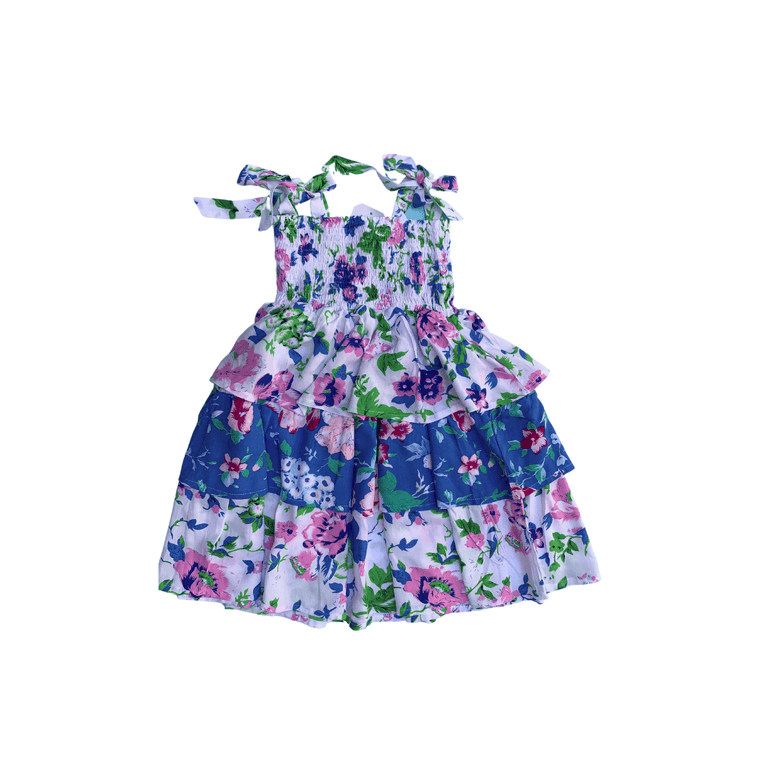 Della Dress in White Blue Kebun Floral - Indigo Kids