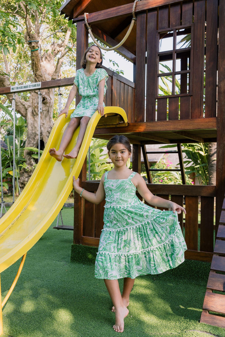 Savike Pom Dress in Green Swirl - Indigo Kids