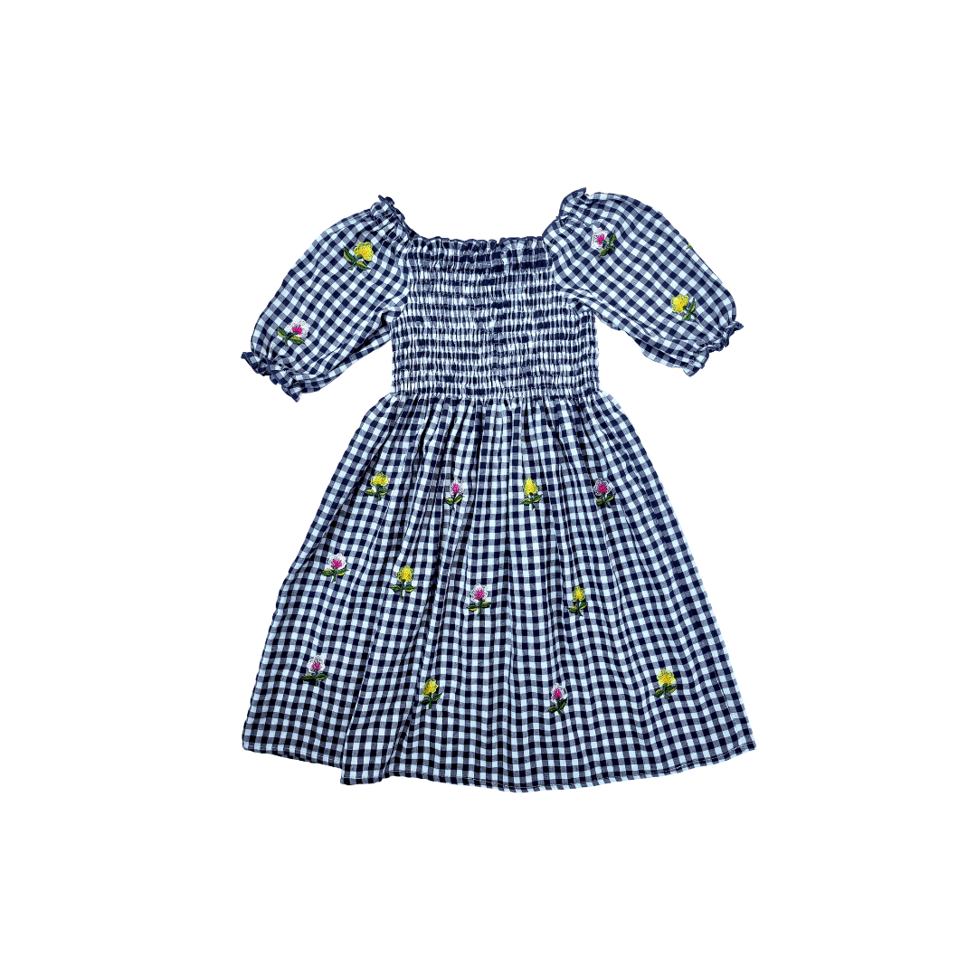 Spain Dress Embriodery in Navy Gingham - Indigo Kids