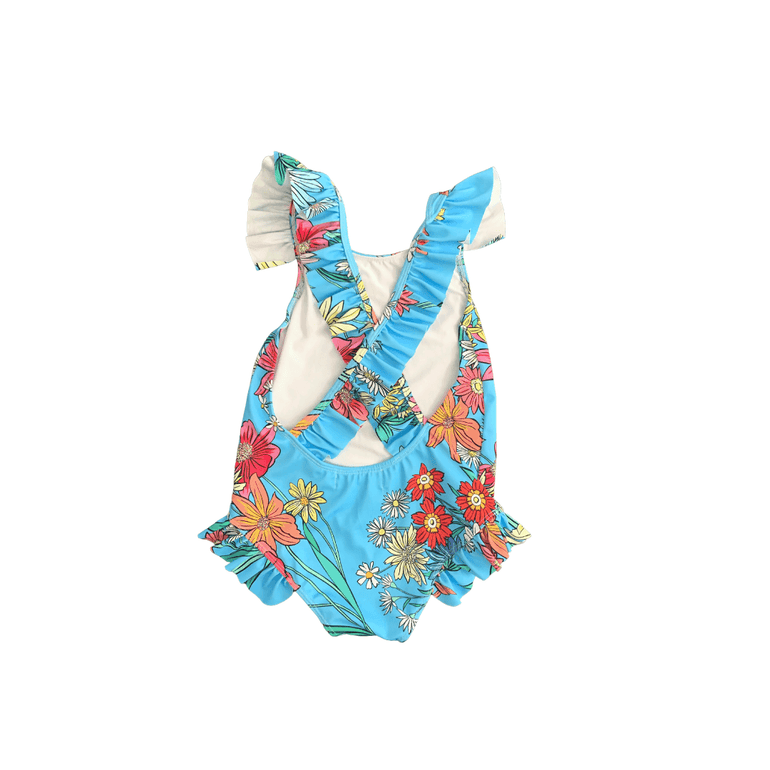 Frill One Piece in Blue Lily Floral - Indigo Kids